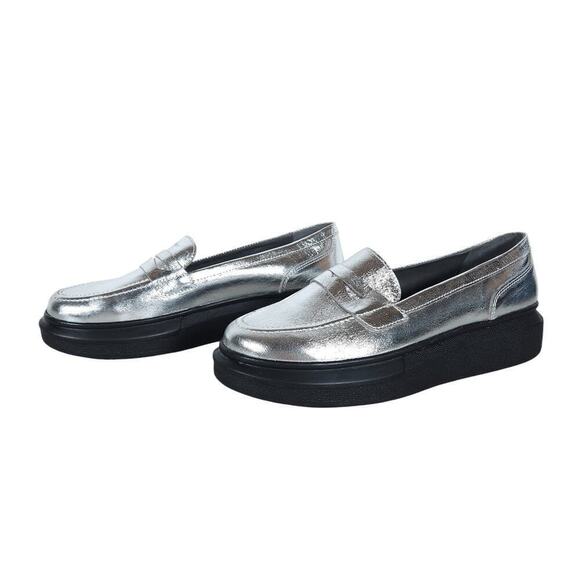 Girotti Loafers EU 40 Silver Metallic Leather Italian Platform Slip On Shoes - Picture 3 of 9